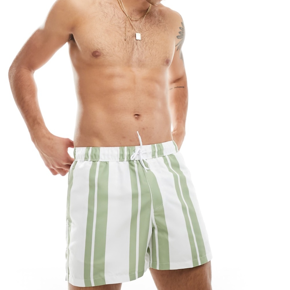 ASOS DESIGN striped swim shorts in short length in sage green